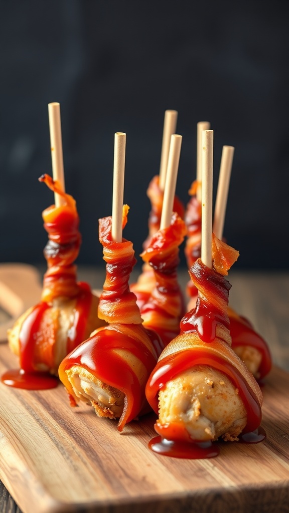 Bacon-Wrapped Chicken Lollipops topped with BBQ sauce on a wooden board