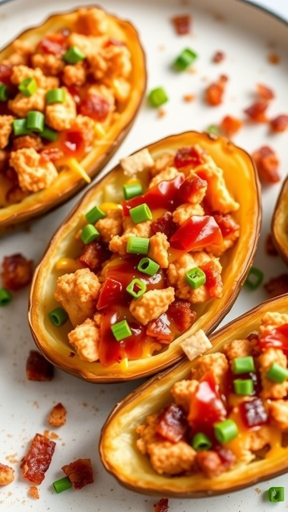 BBQ chicken stuffed potato skins topped with bacon and green onions on a plate