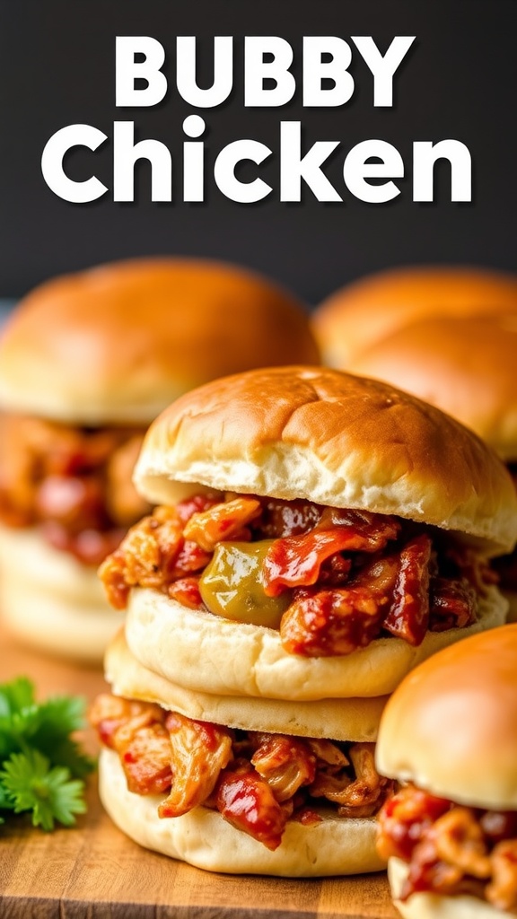 BBQ Pulled Chicken Sliders on a wooden board