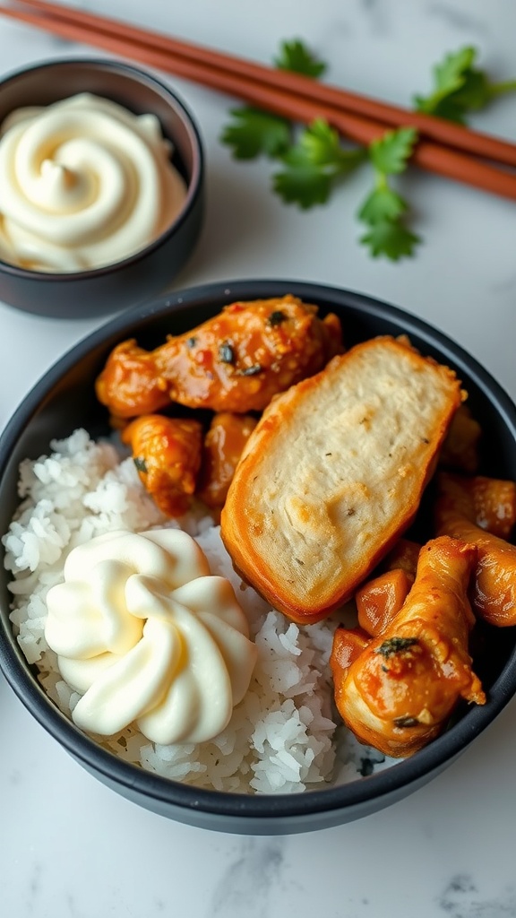 A bento-style meal featuring soy ginger chicken, tamagoyaki, rice, and mayonnaise.