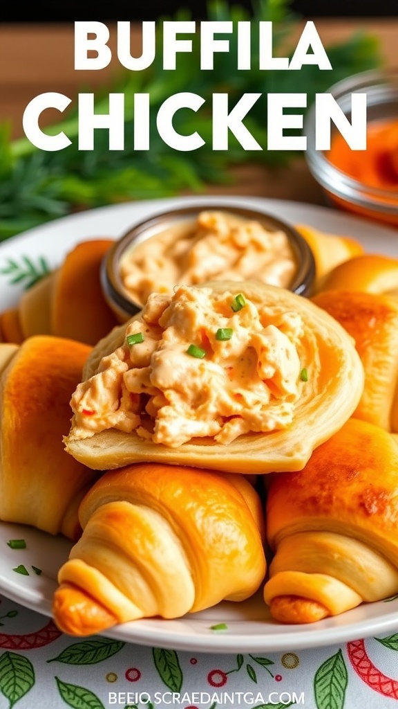 Buffalo Chicken Dip Stuffed Crescent Rolls on a plate, featuring a dip in the center and some buffalo sauce on the side.