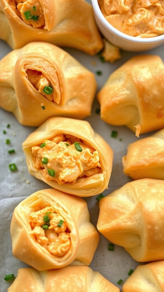 Buffalo chicken dip stuffed crescent rolls on a plate with a dip on the side