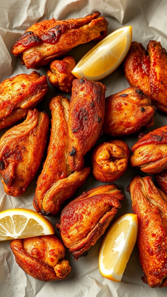 A plate of crispy Cajun spiced chicken wings with lemon wedges.