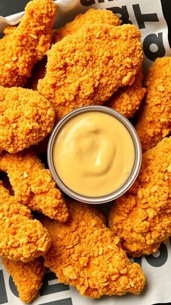 Cheddar and pretzel crusted chicken tenders with a side of dipping sauce