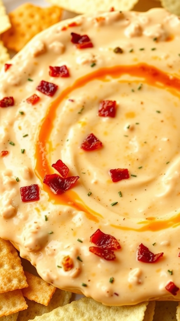 Cheddar Bacon Buffalo Chicken Dip with tortilla chips