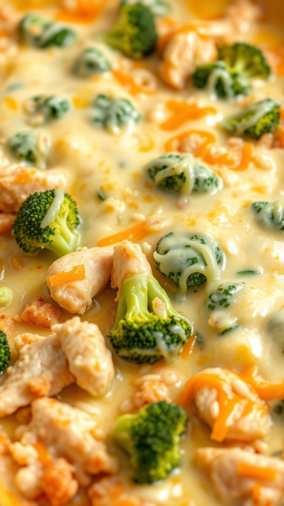 A close-up of a cheesy broccoli chicken and rice bake with broccoli and chicken pieces in a creamy sauce.