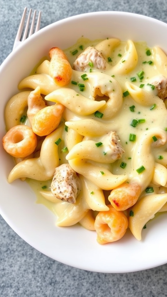 A bowl of Cheesy Chicken Alfredo Pasta Bake with pasta, chicken, and cheese.