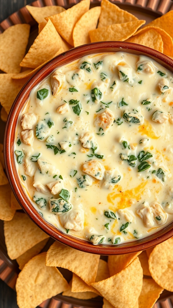 Bowl of cheesy chicken and spinach dip surrounded by tortilla chips.