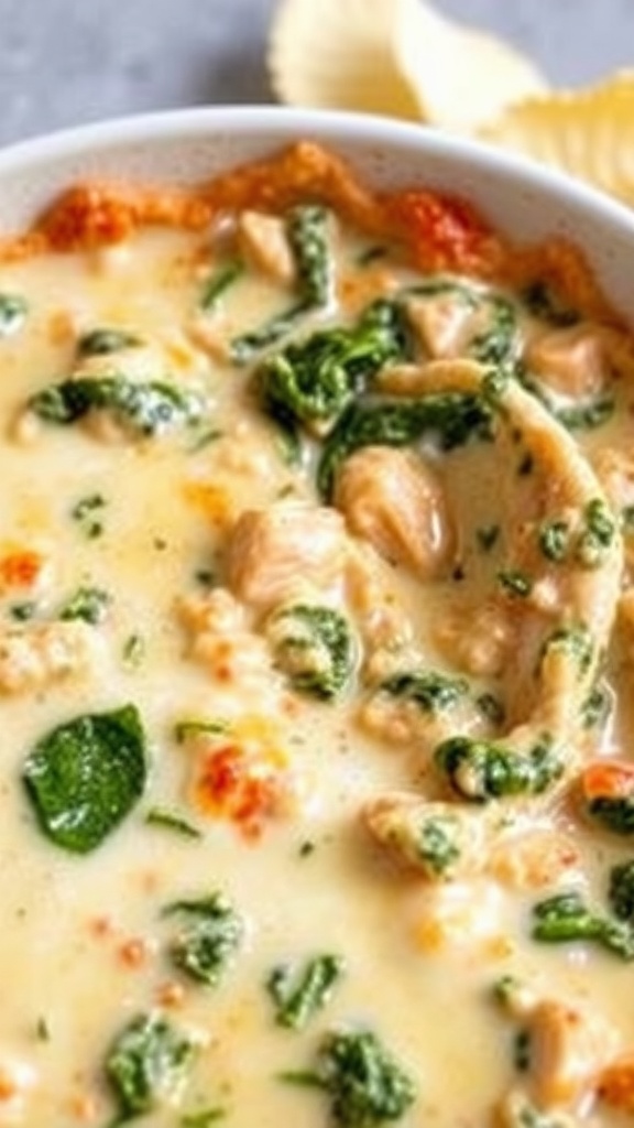 Close-up of cheesy chicken and spinach dip with chunks of chicken and spinach