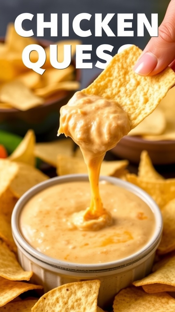 A bowl of cheesy chicken queso dip surrounded by tortilla chips, with a chip being dipped into the dip.