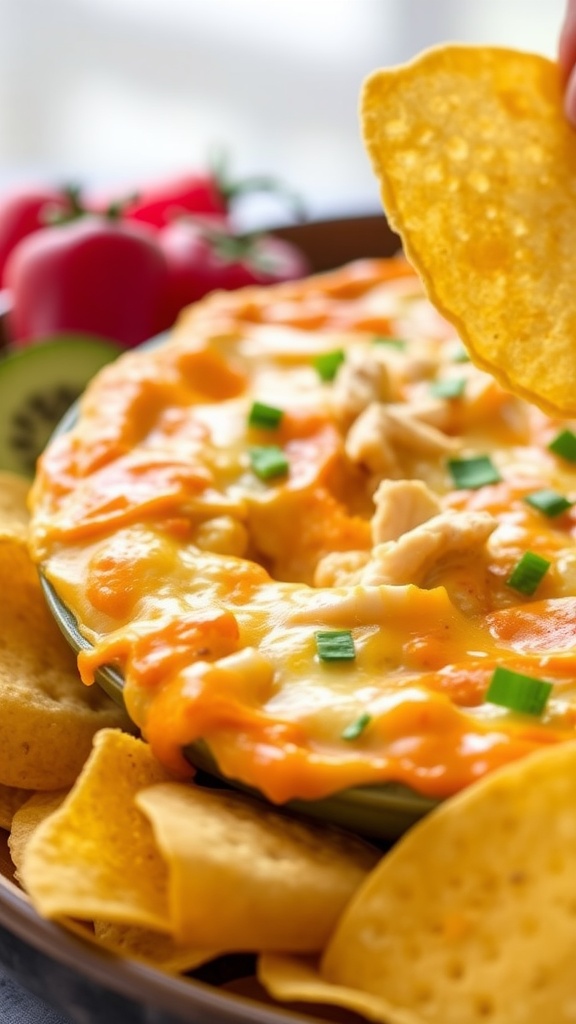 A creamy cheesy chicken queso dip served in a bowl surrounded by tortilla chips, with fresh tomatoes in the background.