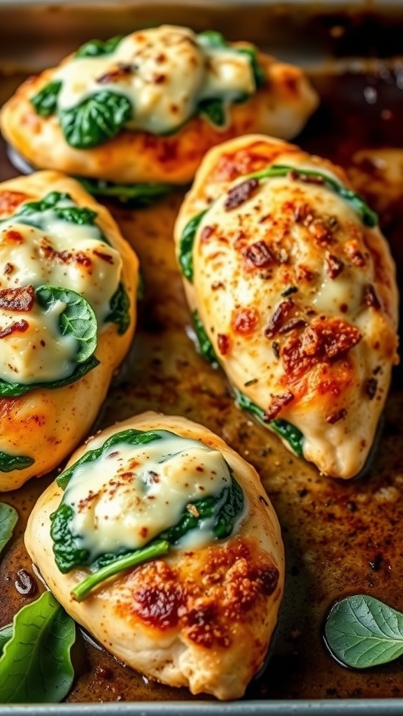 Cheesy Spinach Stuffed Chicken Breasts on a baking tray