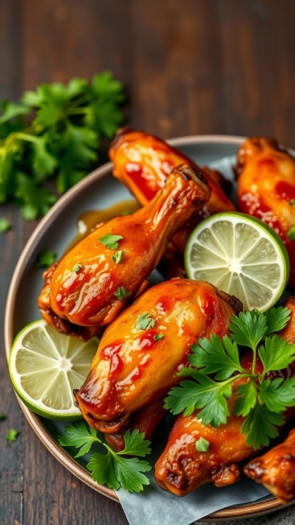 Plate of Chipotle Lime Air Fryer Chicken Wings garnished with lime and cilantro