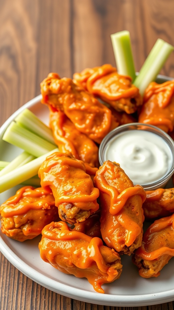 A plate of crispy chicken wings coated in Buffalo sauce, served with celery sticks and ranch dressing.