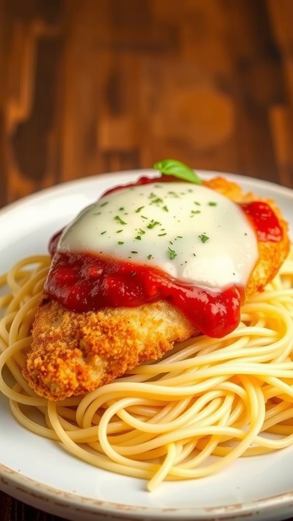 A plate of Chicken Parmesan served over spaghetti, topped with marinara sauce and melted cheese.