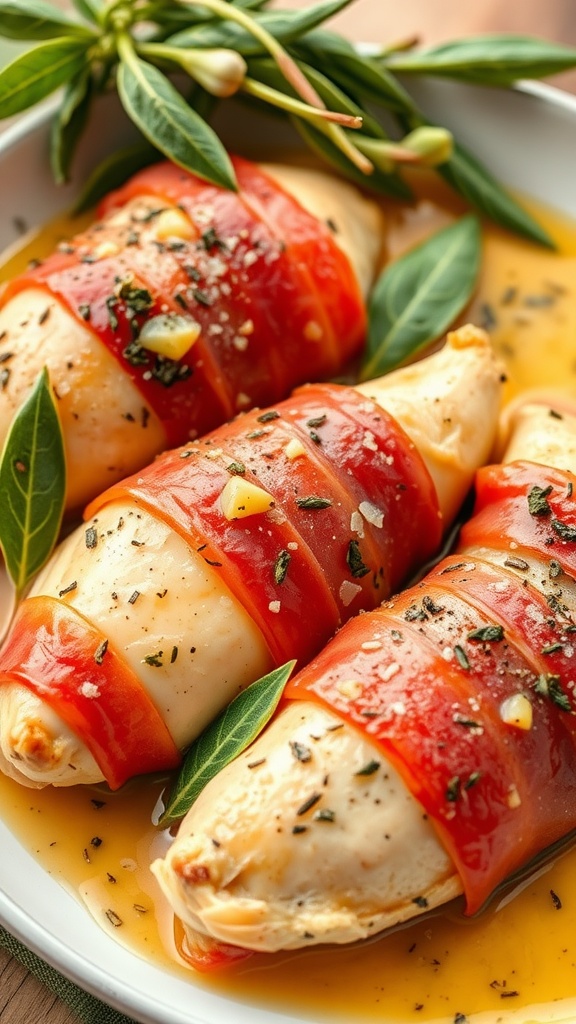 Three rolled chicken breasts wrapped in prosciutto, seasoned with herbs and garlic.