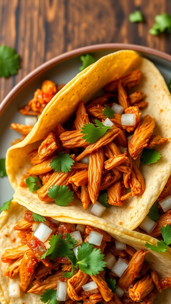 Two Chicken Tinga Tacos filled with shredded chicken, onions, and cilantro on a plate.