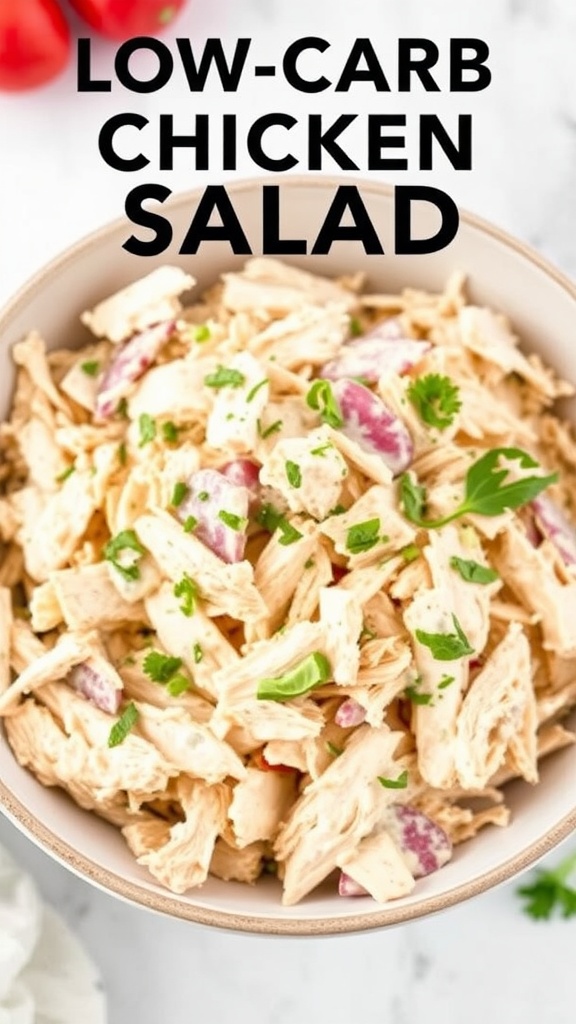 A bowl of low-carb chicken salad with shredded chicken, herbs, and vegetables.