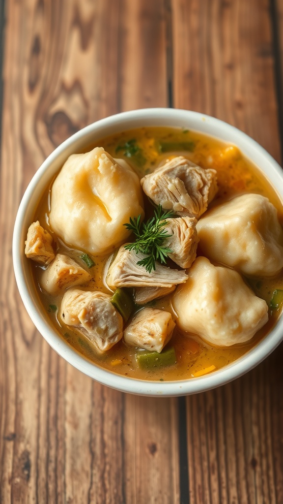 A bowl of chicken and dumplings topped with fresh herbs on a wooden table.