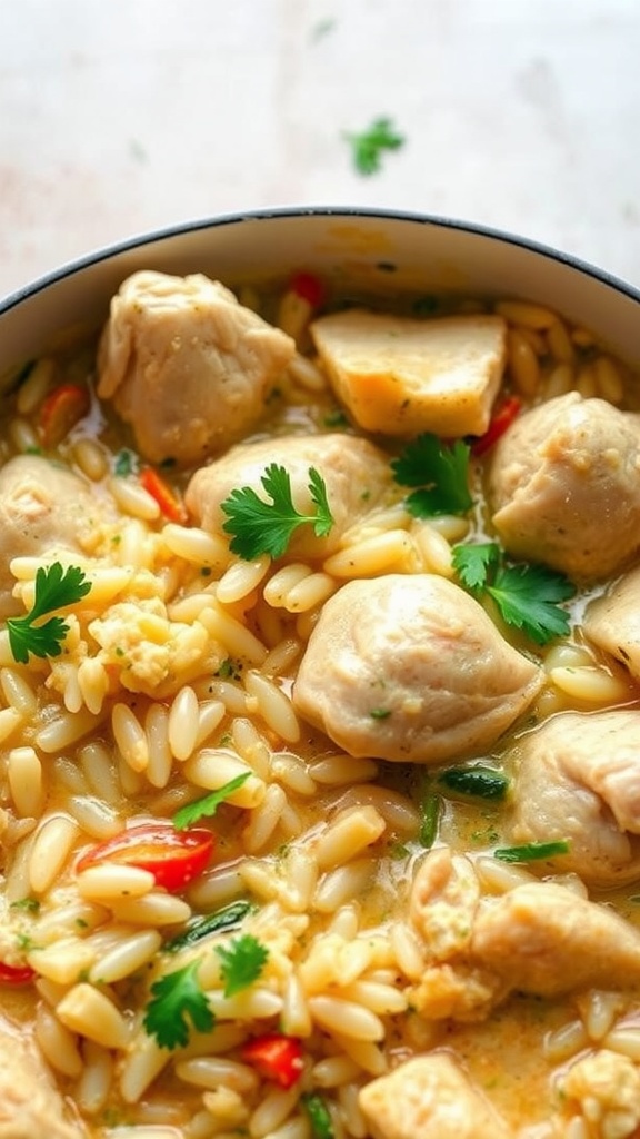 A bowl of Slow Cooker Chicken and Rice Casserole with tender chicken, orzo, and cilantro