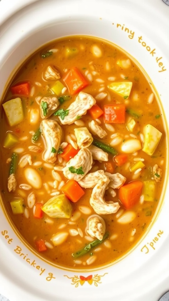 A bowl of chicken and rice soup with colorful vegetables in a slow cooker.