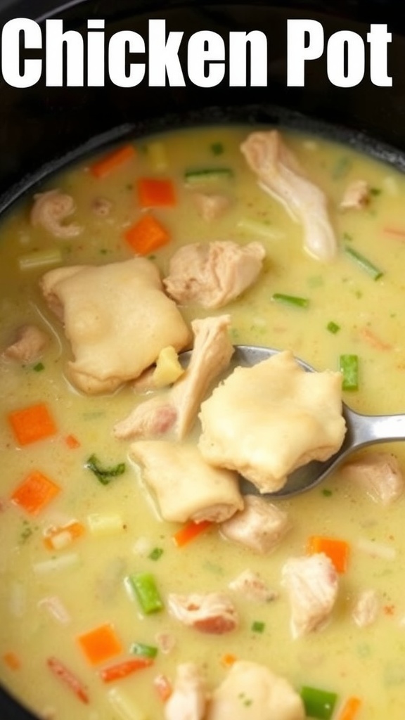 Bowl of chicken pot pie soup with dumplings and vegetables