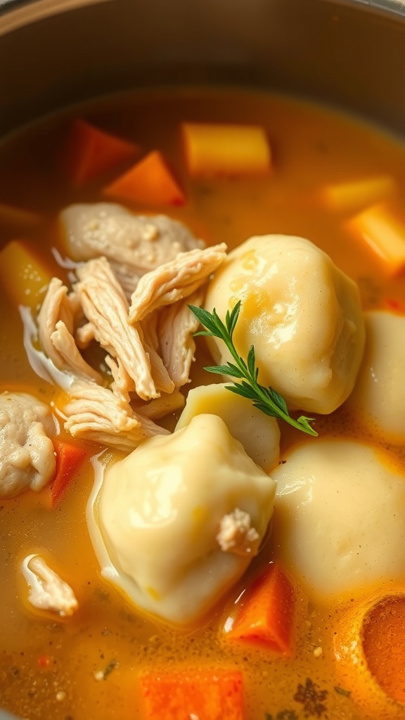 A bowl of cozy chicken and dumplings with tender chicken, fluffy dumplings, and colorful vegetables in a savory broth.