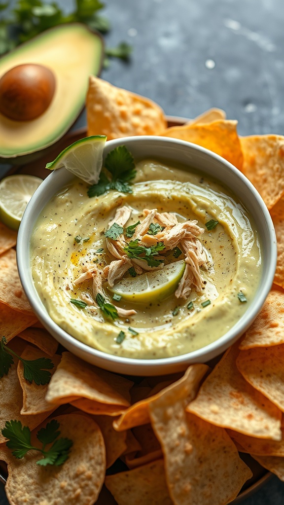 Creamy avocado chicken dip with tortilla chips and lime