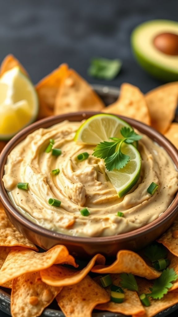 A creamy avocado chicken dip served with tortilla chips, garnished with lime and cilantro.