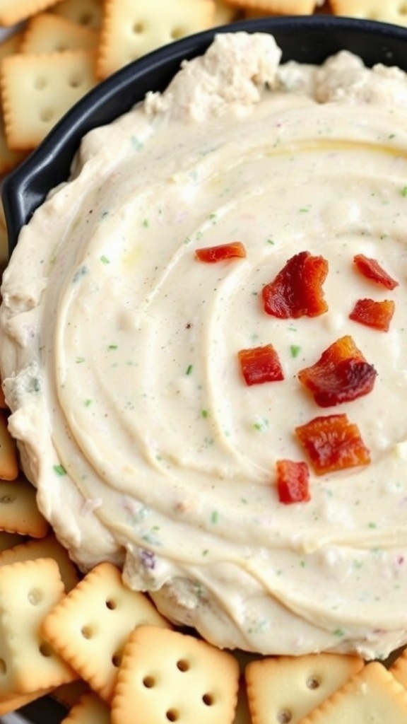 A creamy chicken dip topped with bacon bits and served with crackers.