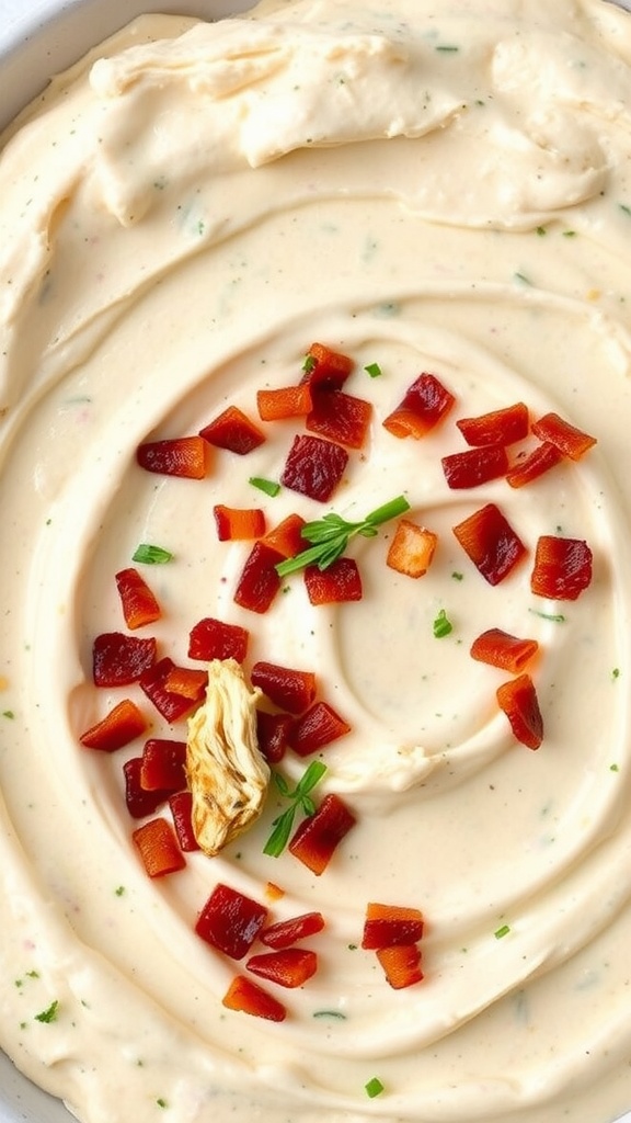 Creamy Bacon Ranch Chicken Dip with diced red peppers and herbs