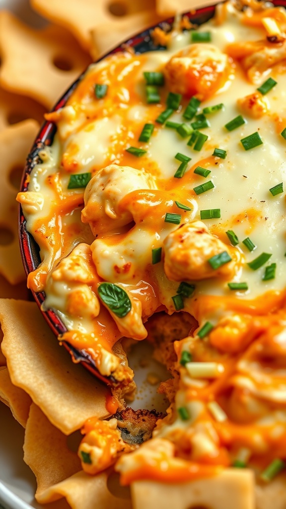 Creamy Buffalo Chicken and Artichoke Dip served with crispy tortilla chips