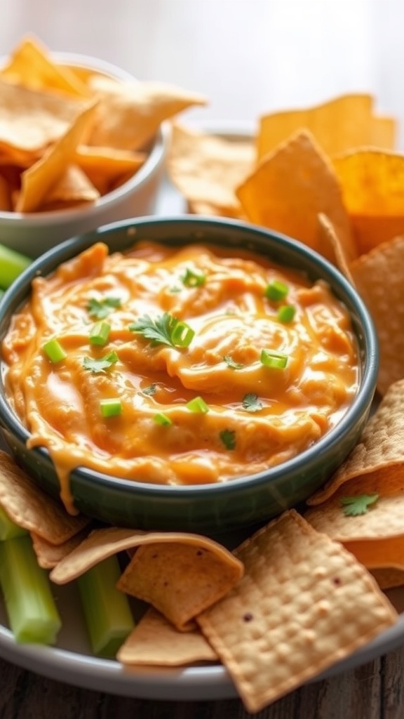 A bowl of creamy buffalo chicken dip surrounded by tortilla chips and celery sticks.