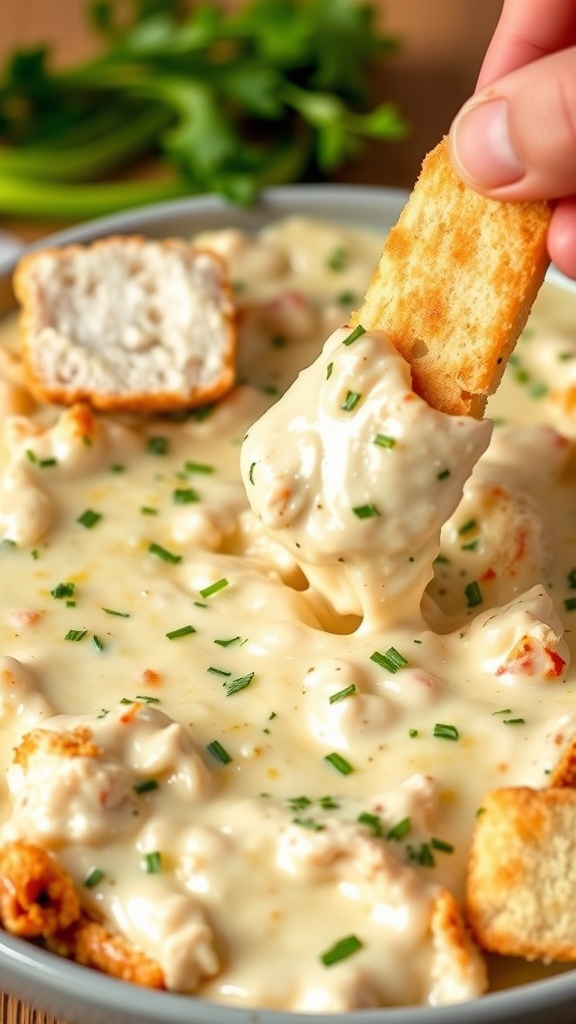 A warm creamy chicken Alfredo dip with a cracker being dipped into it