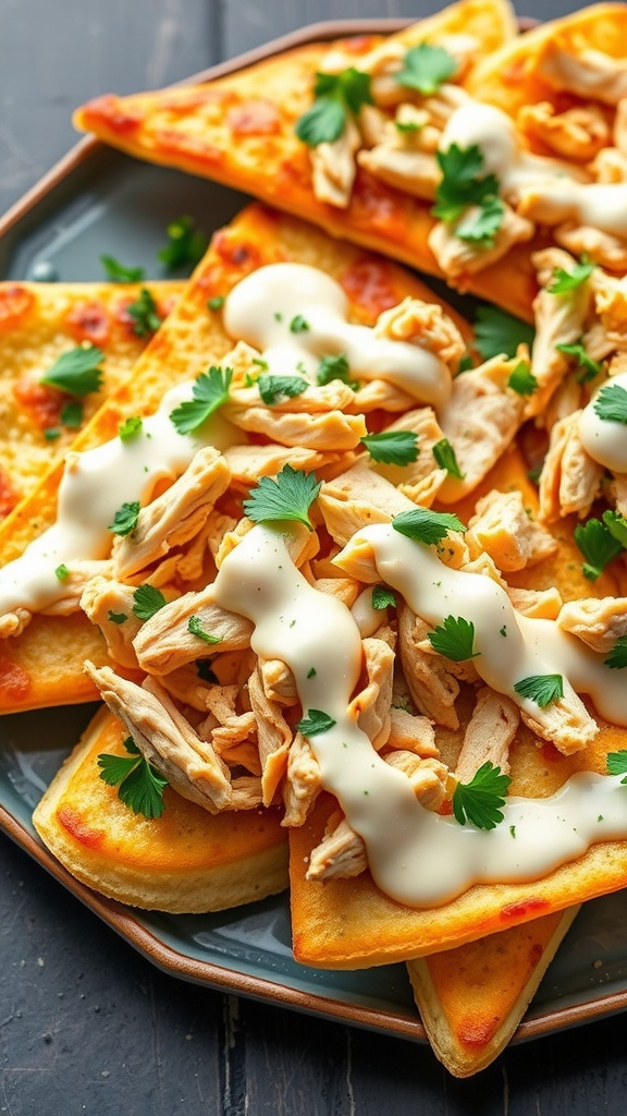 Plate of Creamy Chicken Alfredo Flatbread Nachos topped with shredded chicken and parsley.