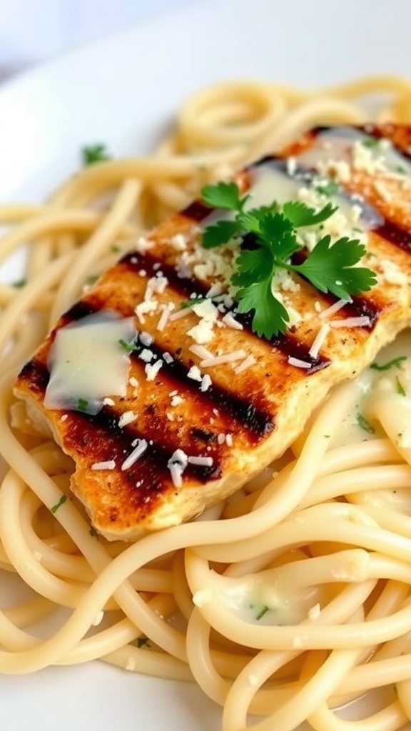 Grilled chicken on fettuccine pasta with Alfredo sauce and herbs