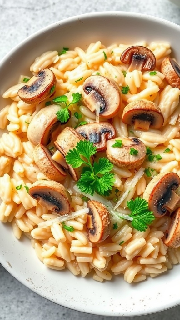 A bowl of creamy chicken and mushroom risotto topped with sautéed mushrooms and herbs.