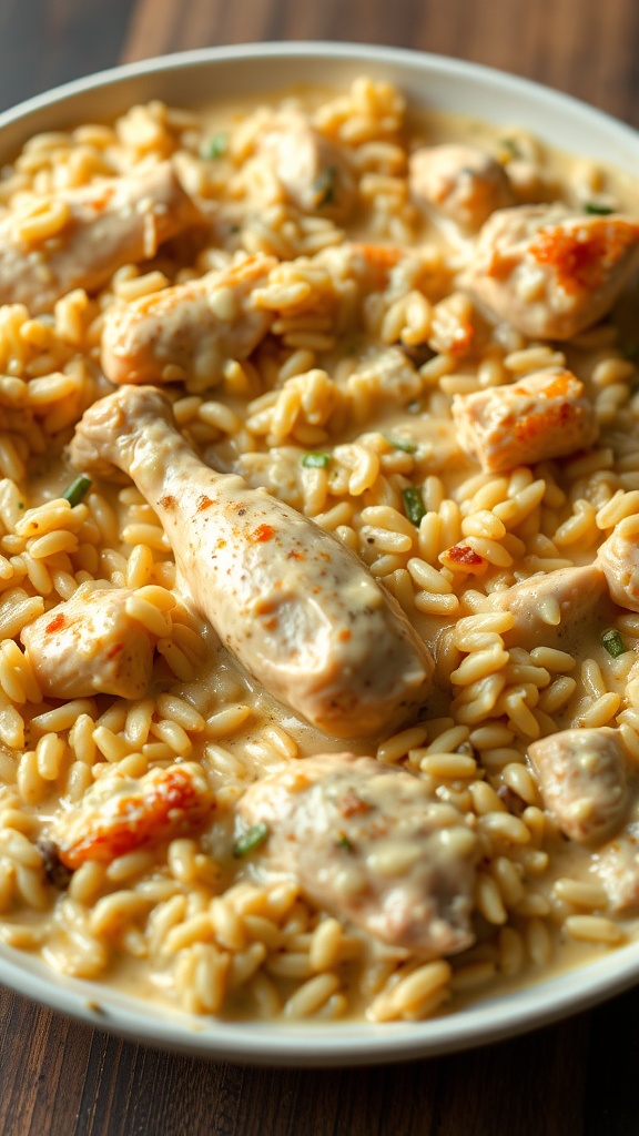 A bowl of creamy chicken and wild rice casserole, featuring tender chicken pieces and fluffy rice in a creamy sauce.