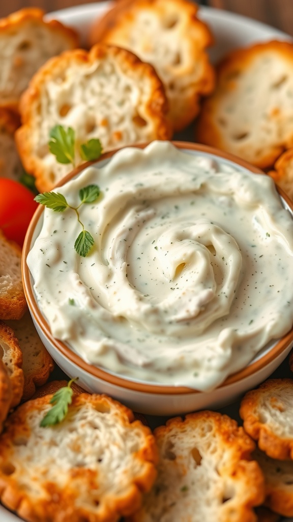 A bowl of creamy chicken dip surrounded by golden brown bread slices, garnished with herbs.