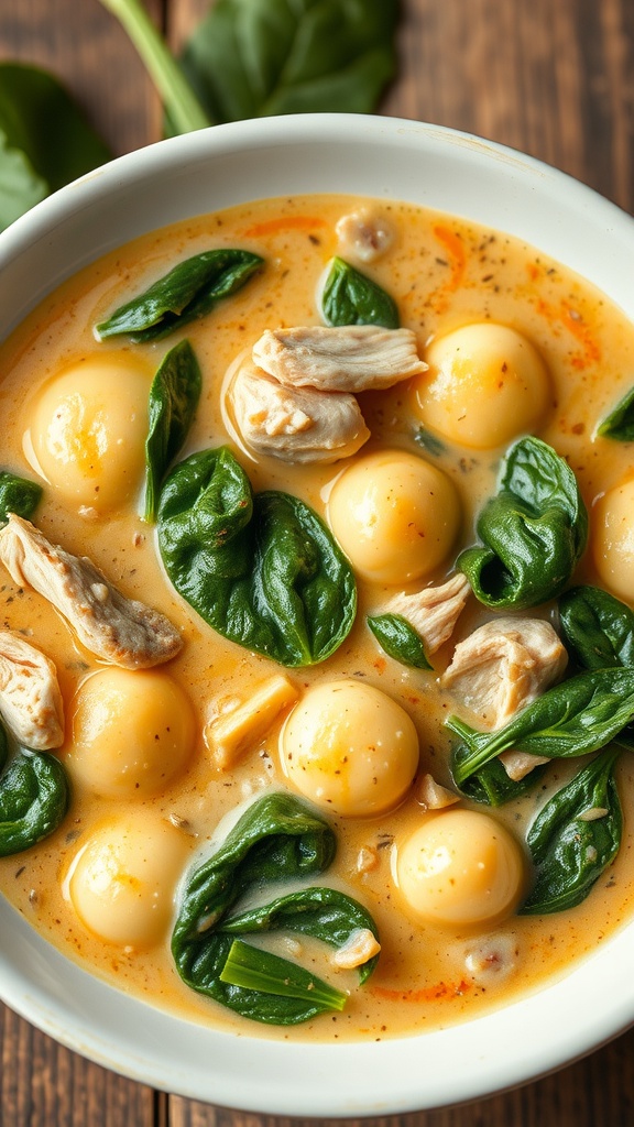 A bowl of creamy chicken gnocchi soup with spinach and chicken pieces.