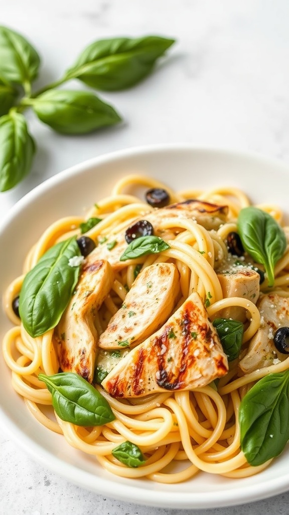 A bowl of creamy chicken pesto pasta garnished with fresh basil leaves