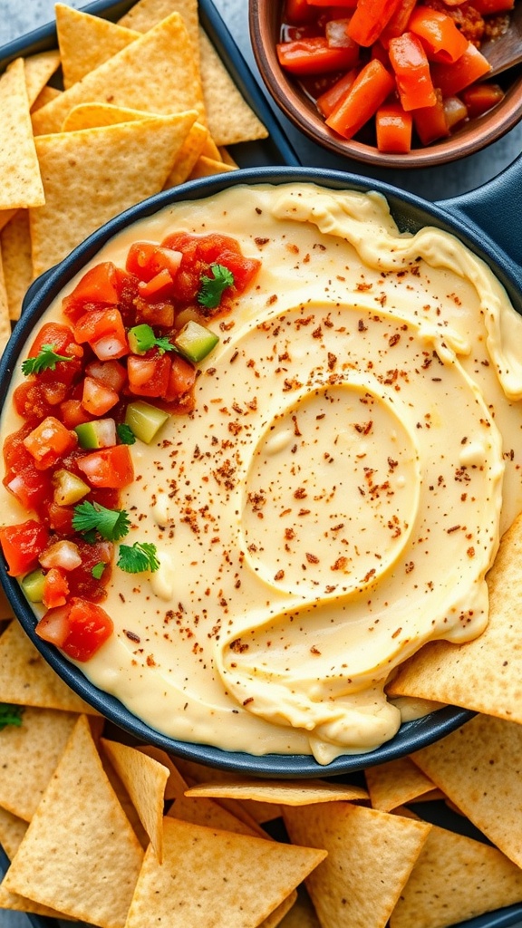 Creamy chicken taco dip with tortilla chips and fresh salsa