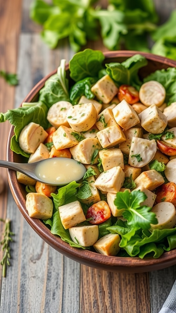 A bowl of creamy garlic herb chicken salad with chunks of chicken, greens, and cherry tomatoes.