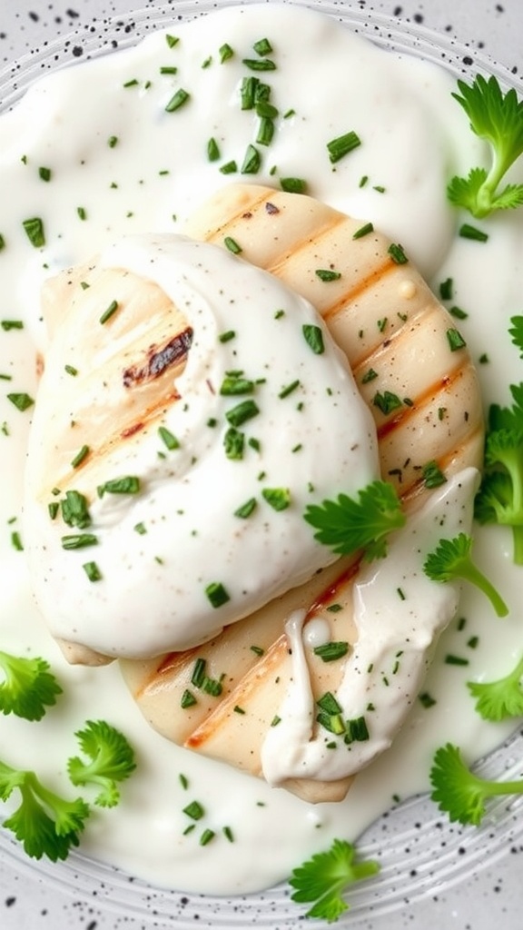 Grilled chicken topped with creamy yogurt sauce and fresh herbs