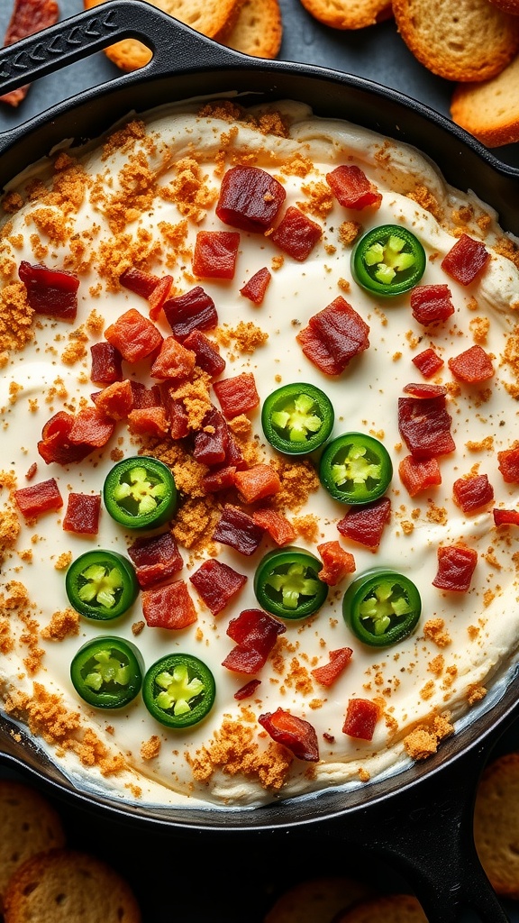 A creamy jalapeño popper chicken dip topped with bacon and jalapeños, served in a skillet with toasted bread on the side.