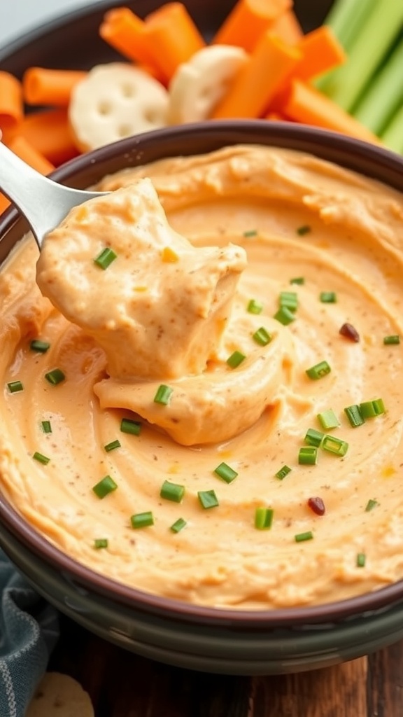 A creamy buffalo chicken dip garnished with chives, served with carrot and celery sticks.