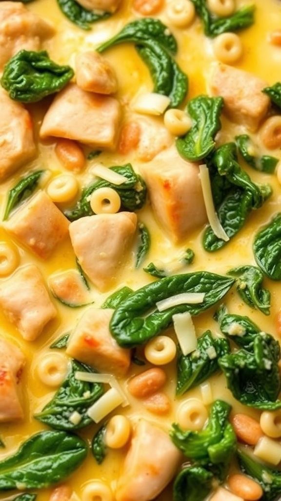 Delicious creamy chicken and spinach casserole with small pasta and vibrant greens.