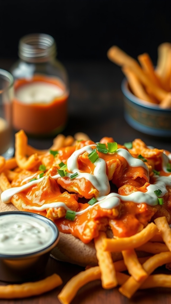 A delicious creamy loaded buffalo chicken and cheese dip served with fries and dressing.