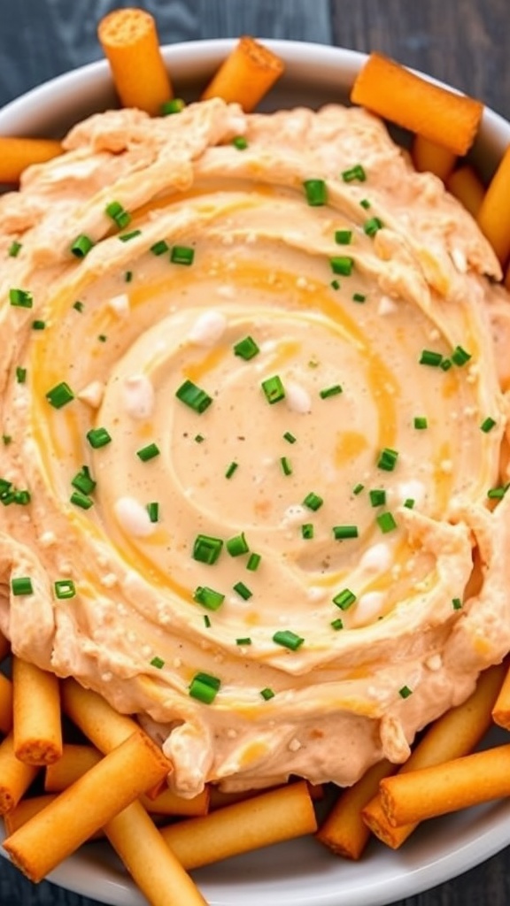 Creamy buffalo chicken dip surrounded by crunchy snacks