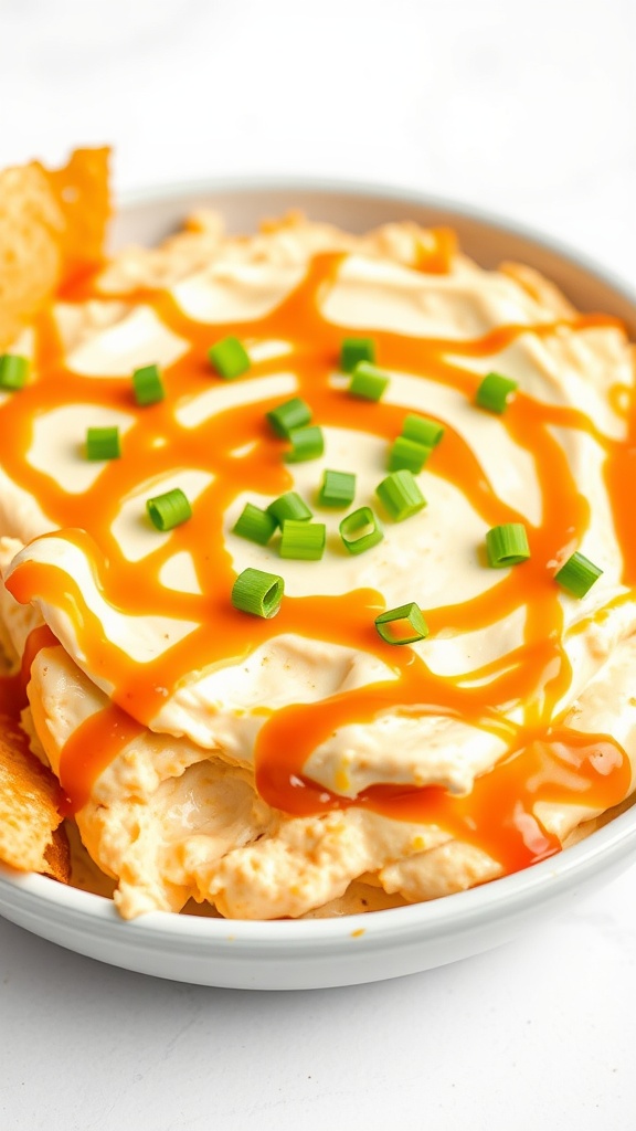 A bowl of creamy loaded buffalo ranch chicken dip topped with sauce and green onions, served with tortilla chips